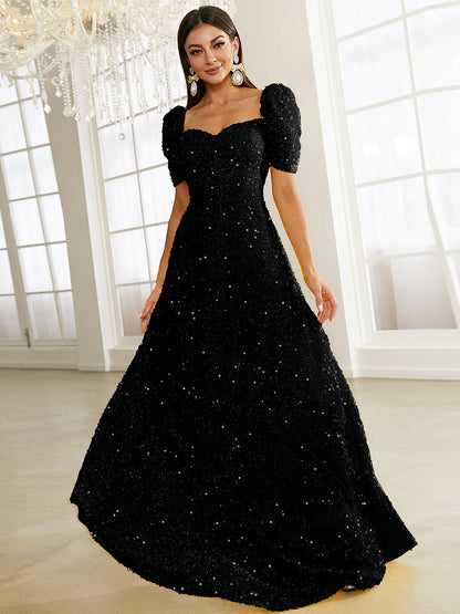 Light Yellow Puff Sleeve Sequin Maxi Dress