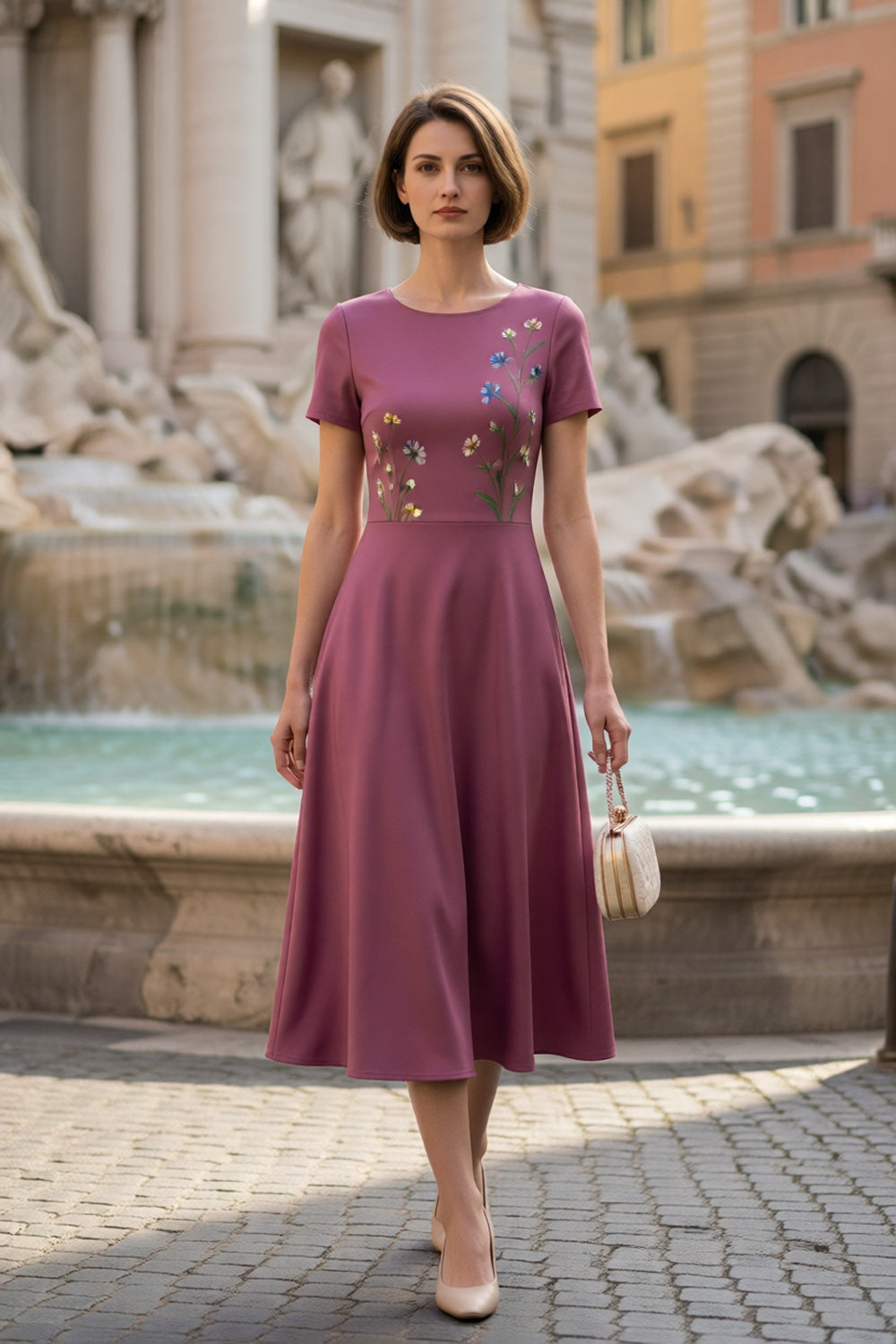 Mauve Crew Neck Short Sleeve Colorful Wildflower Embroidery Flared A-Line Midi Dress