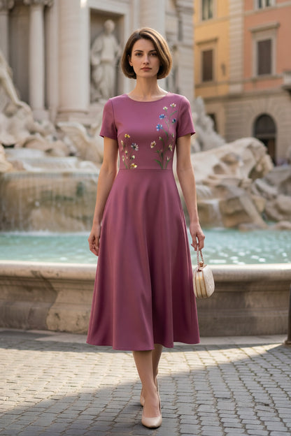 Mauve Crew Neck Short Sleeve Colorful Wildflower Embroidery Flared A-Line Midi Dress