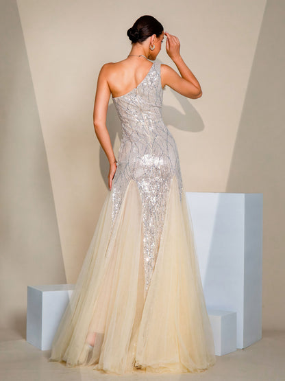 One Shoulder Applique Wedding Guest Dress