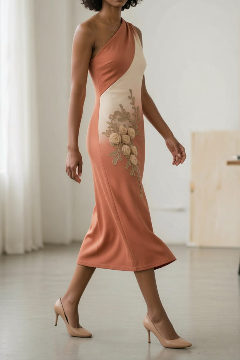 Terracotta Beige Ombre Gradient Asymmetrical One Shoulder 3D Rose Floral Applique Slim Bodycon Midi Dress