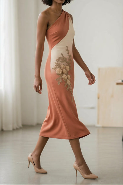 Terracotta Beige Ombre Gradient Asymmetrical One Shoulder 3D Rose Floral Applique Slim Bodycon Midi Dress