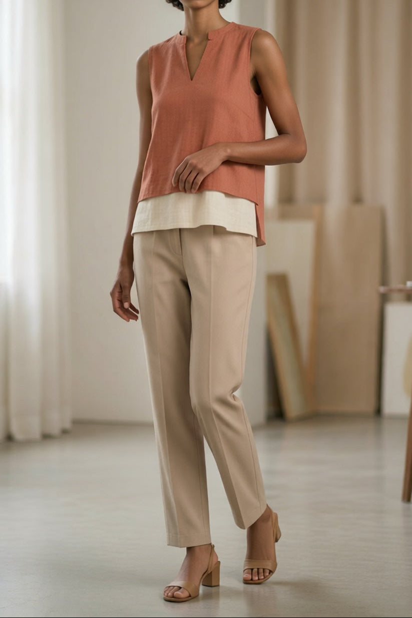 Split Neck Layered Sleeveless Linen Blend Top