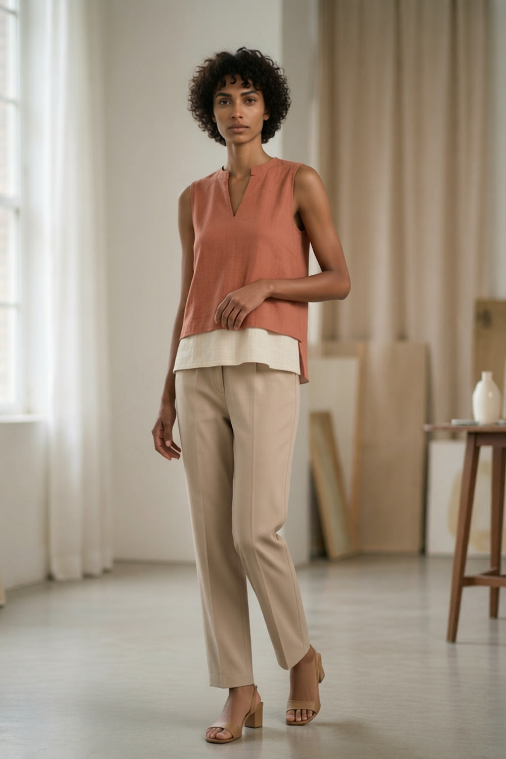 Split Neck Layered Sleeveless Linen Blend Top