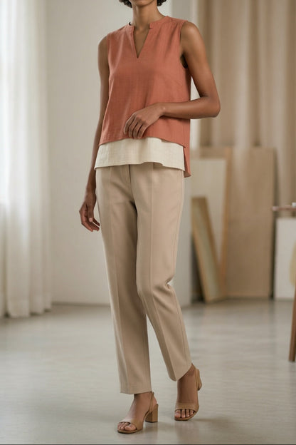 Split Neck Layered Sleeveless Linen Blend Top