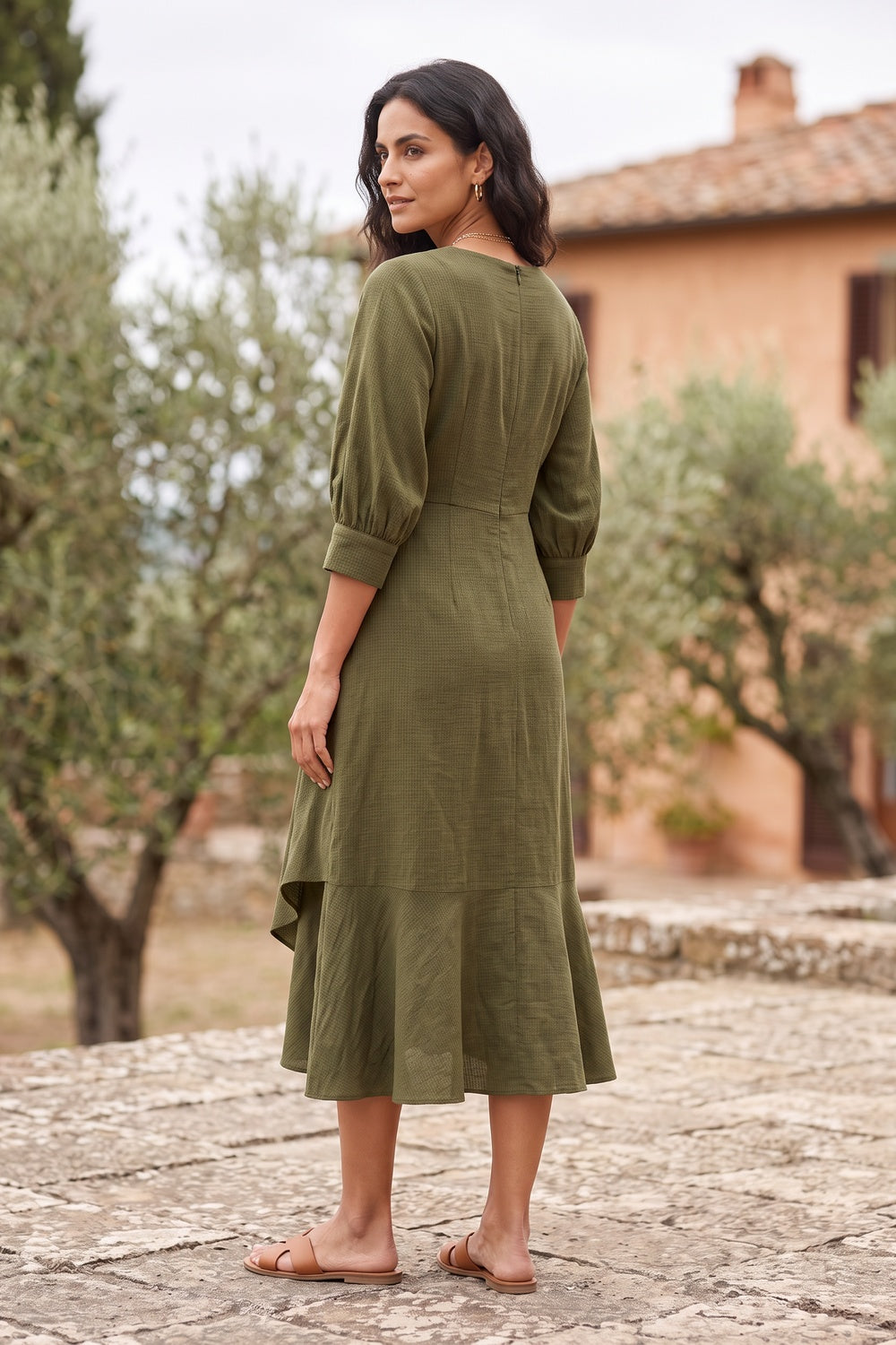Italian Garden premium compact jersey or fluid Tencel blend Midi Dress for creative office clay red premium compact jersey or fluid Tencel blend Midi Dress - product view 4