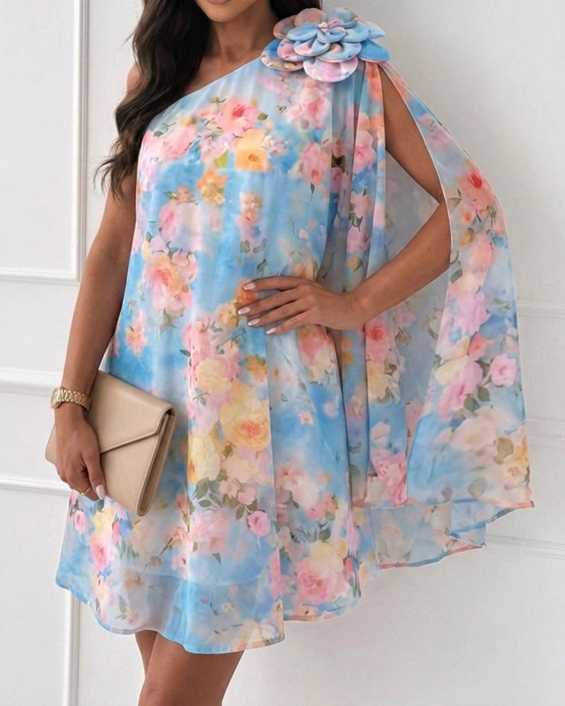 CHICME Women's Floral Print One-Shoulder Chiffon Dress 3D Floral Decor Split Sleeve Loose A-Line Mini Dress