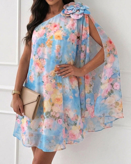 CHICME Women's Floral Print One-Shoulder Chiffon Dress 3D Floral Decor Split Sleeve Loose A-Line Mini Dress