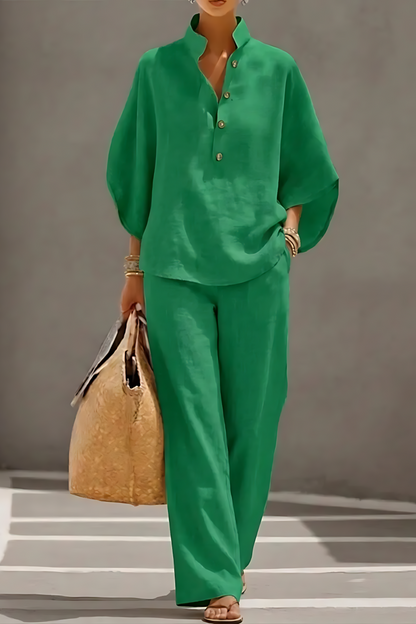 Women’s Batwing Sleeve Linen Cotton Two-Piece Set – Casual Shirt & Wide Leg Pants Outfit