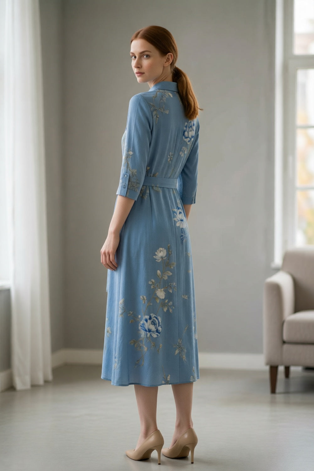 Light Blue Chinese Blue-and-White Floral Print Collared 3/4 Sleeve Self-Tie Belt Shirt Midi Dress