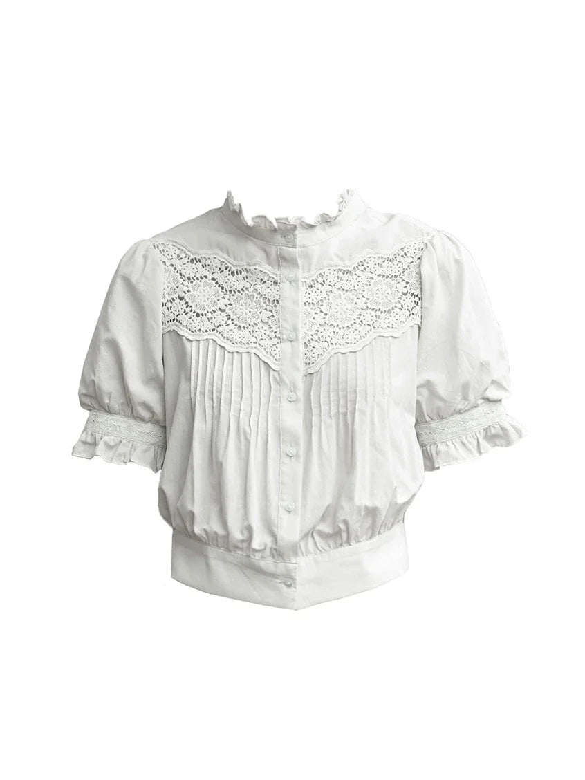 Octavia Mock Neck Hollow Lace Patchwork Puff Sleeve Blouse