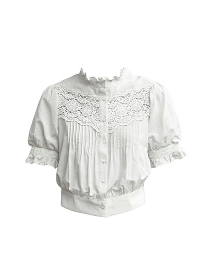 Octavia Mock Neck Hollow Lace Patchwork Puff Sleeve Blouse