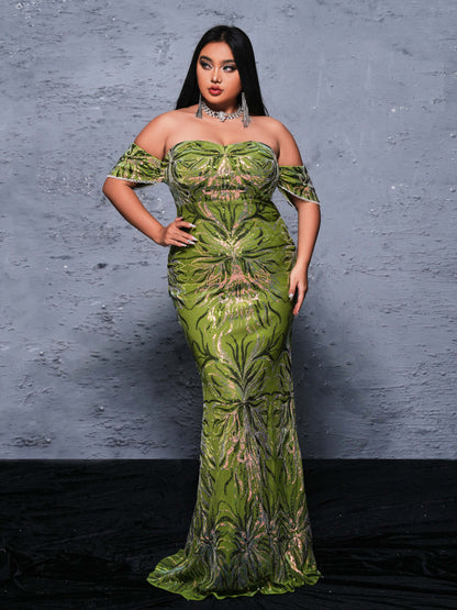 Plus Off Shoulder Florid Mermaid Sequin Dress