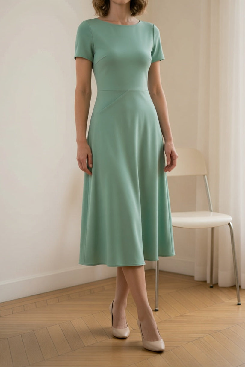 Mint Green Crew Neck Short Sleeve Side Twist Ruched Waist Flowy A-Line Midi Dress