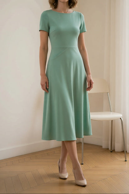 Mint Green Crew Neck Short Sleeve Side Twist Ruched Waist Flowy A-Line Midi Dress