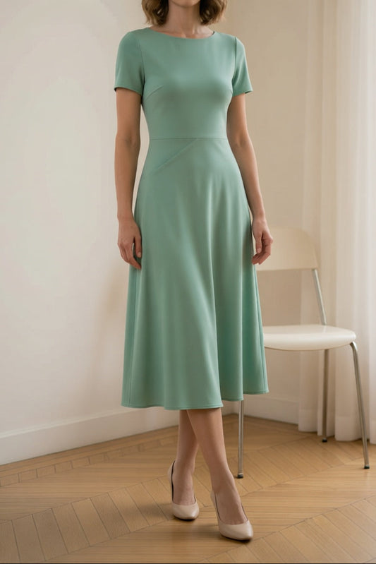 Mint Green Crew Neck Short Sleeve Side Twist Ruched Waist Flowy A-Line Midi Dress