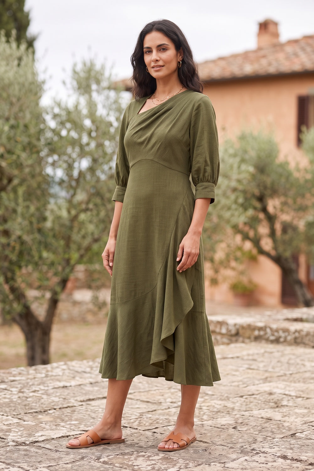Italian Garden premium compact jersey or fluid Tencel blend Midi Dress for creative office clay red premium compact jersey or fluid Tencel blend Midi Dress - product view 2