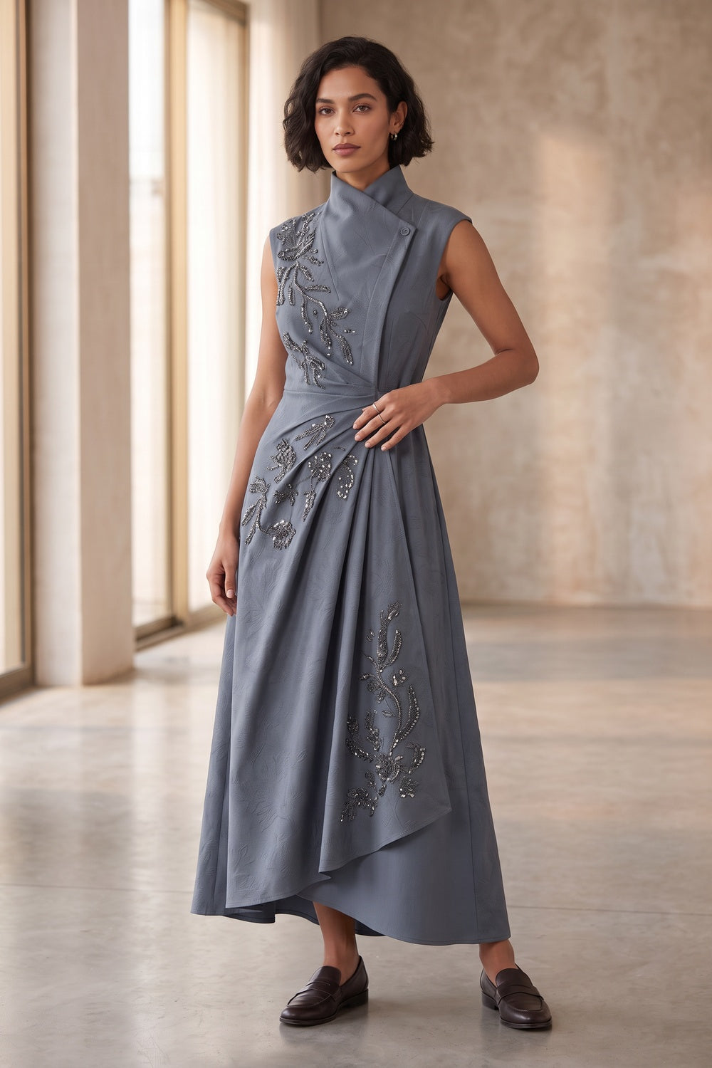 French Riviera matte crepe Midi Dress for urban workday sea-glass green matte crepe, compact viscose or washed satin with low shine Midi Dress - product view 2