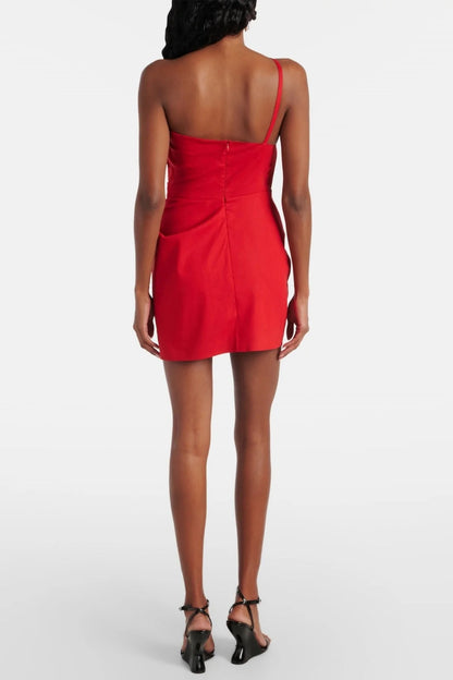 Red One-Shoulder Rose-Draped Dress Premium Fabric Womenswear - product view 3