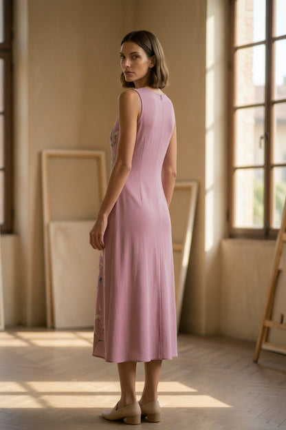 Dusty Pink Crew Neck Sleeveless Vertical Wildflower Print Slim Straight Midi Dress