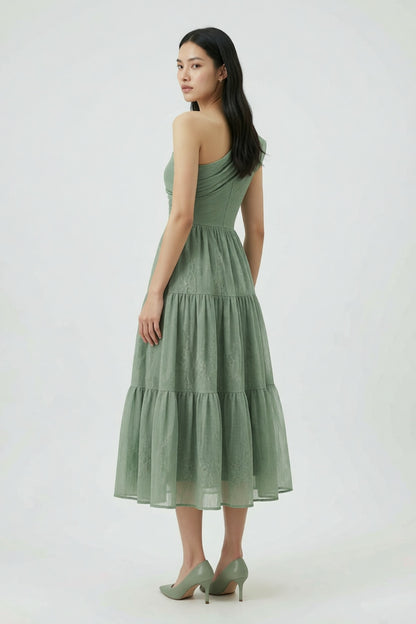 One-Shoulder Tiered Midi Dress in Sage Green cobalt accent matte satin or fine cotton sateen Blouse - product view 4