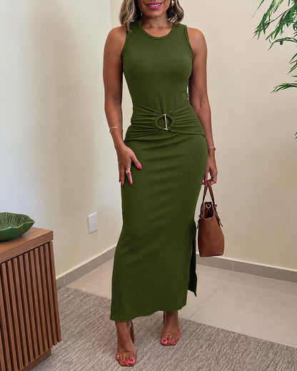 Women's Rib Knit Sleeveless Maxi Dress Ruched Gold Buckle High Waist Side Slit Bodycon Dress