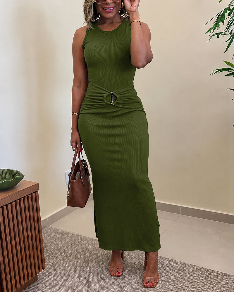 Women's Rib Knit Sleeveless Maxi Dress Ruched Gold Buckle High Waist Side Slit Bodycon Dress