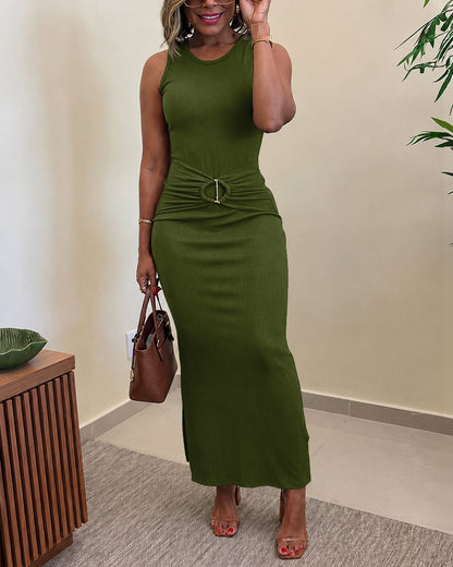 Women's Rib Knit Sleeveless Maxi Dress Ruched Gold Buckle High Waist Side Slit Bodycon Dress