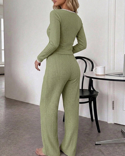 Lounge Sets Lace Trim Long Sleeve Top and High Waisted Pants Pajamas Sets with Pockets