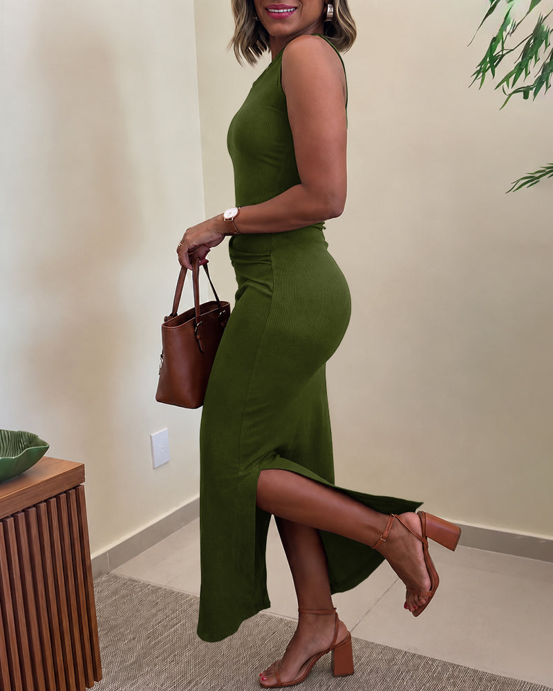 Women's Rib Knit Sleeveless Maxi Dress Ruched Gold Buckle High Waist Side Slit Bodycon Dress