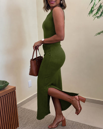 Women's Rib Knit Sleeveless Maxi Dress Ruched Gold Buckle High Waist Side Slit Bodycon Dress