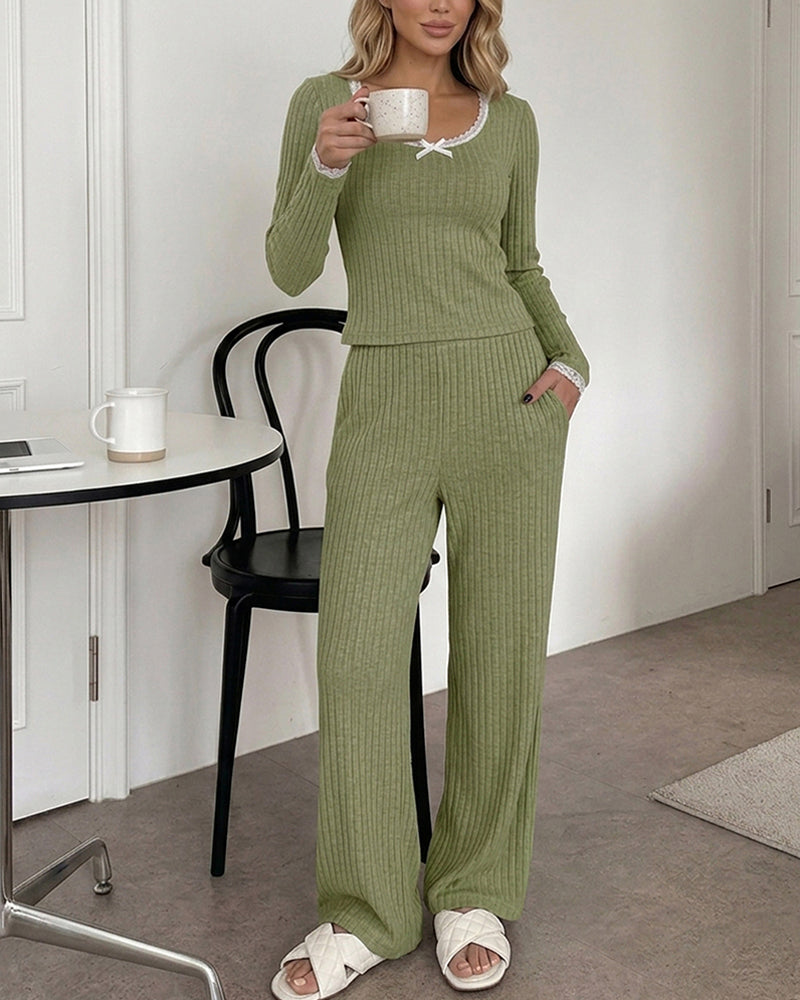 Lounge Sets Lace Trim Long Sleeve Top and High Waisted Pants Pajamas Sets with Pockets