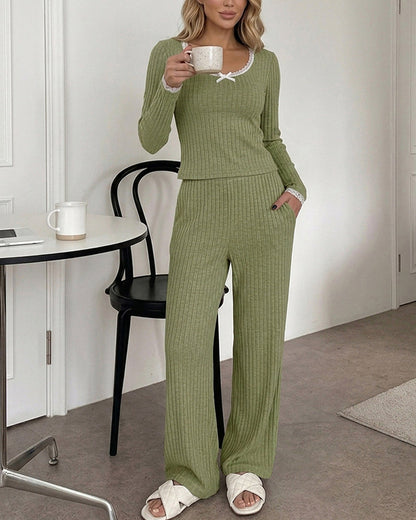 Lounge Sets Lace Trim Long Sleeve Top and High Waisted Pants Pajamas Sets with Pockets