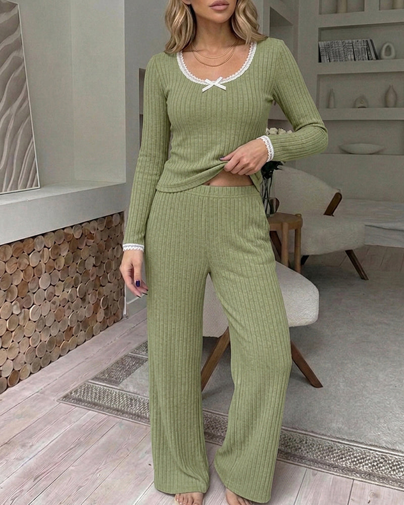 Lounge Sets Lace Trim Long Sleeve Top and High Waisted Pants Pajamas Sets with Pockets