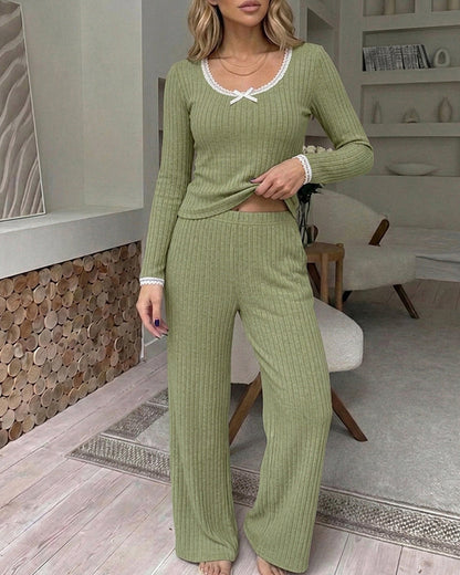 Lounge Sets Lace Trim Long Sleeve Top and High Waisted Pants Pajamas Sets with Pockets