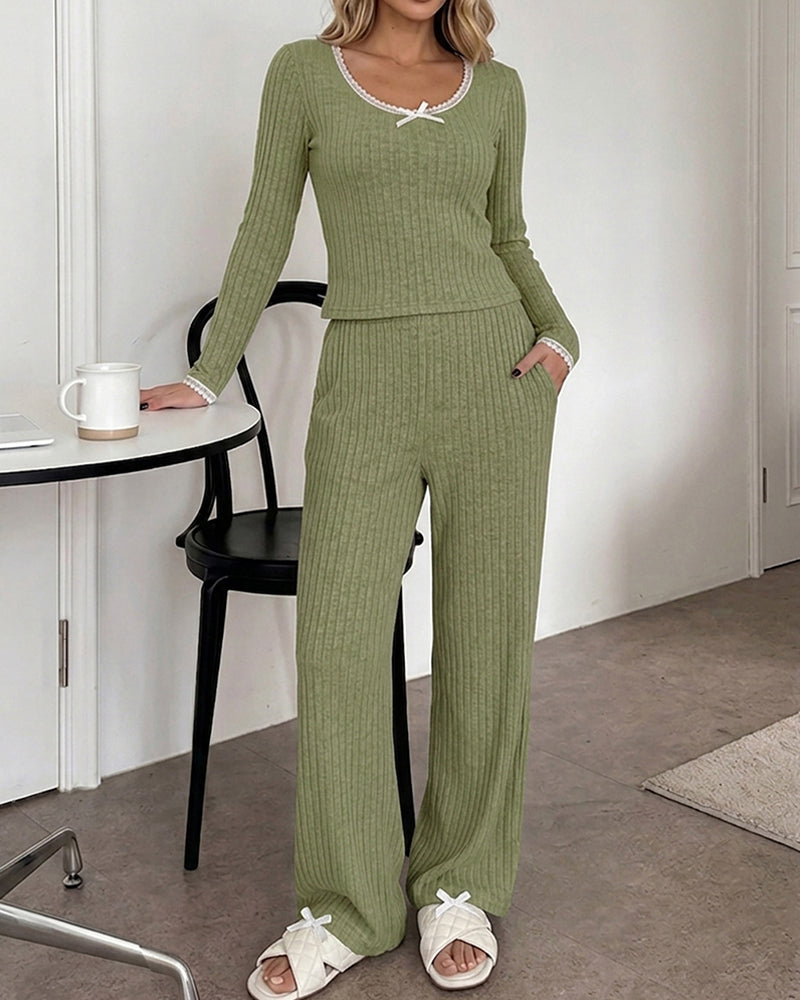 Lounge Sets Lace Trim Long Sleeve Top and High Waisted Pants Pajamas Sets with Pockets