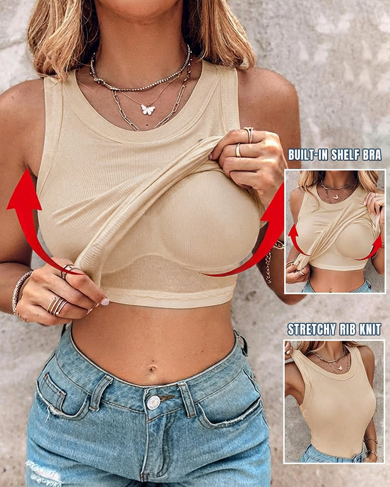 Missysecret Built-in Bra Ribbed Round Neck Tank Top