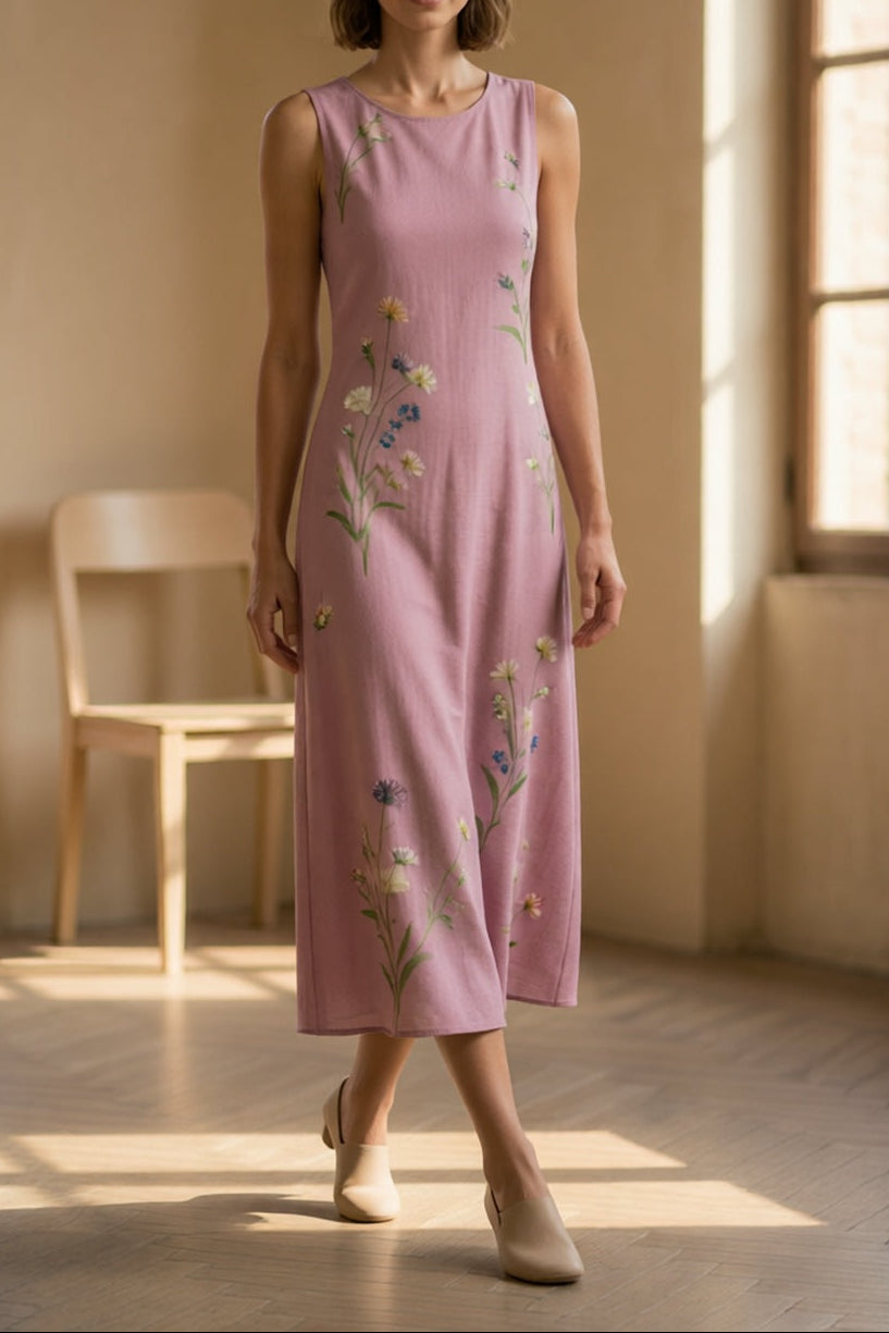 Dusty Pink Crew Neck Sleeveless Vertical Wildflower Print Slim Straight Midi Dress