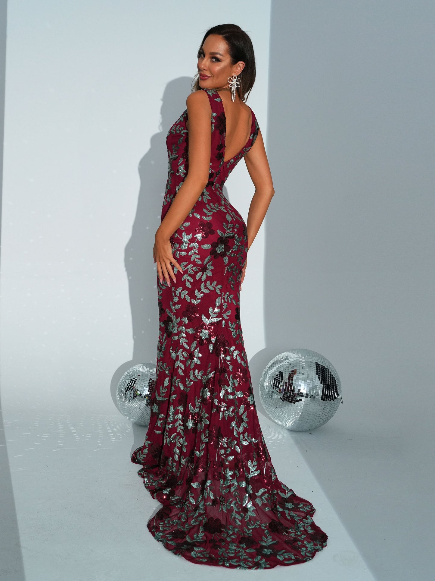 Floral V-neck Sequin Mermaid Prom Dress
