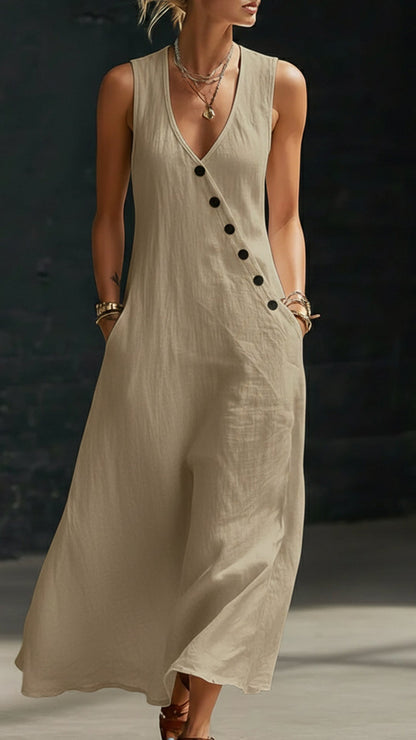Linen-Texture V-Neck Sleeveless Maxi Dress
