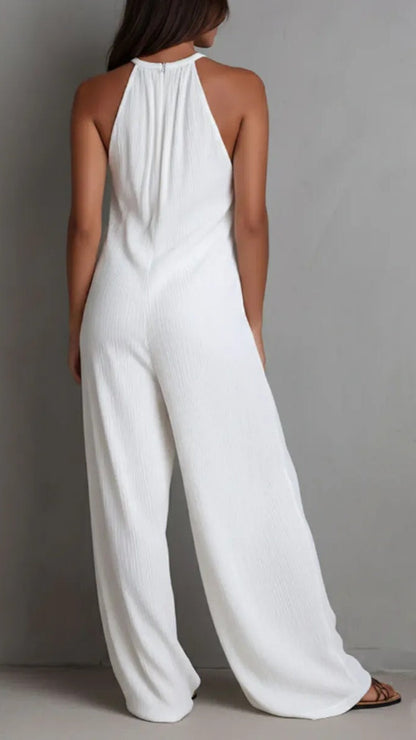 Women Minimalist Halter-neck Loose Cotton-linen Jumpsuit