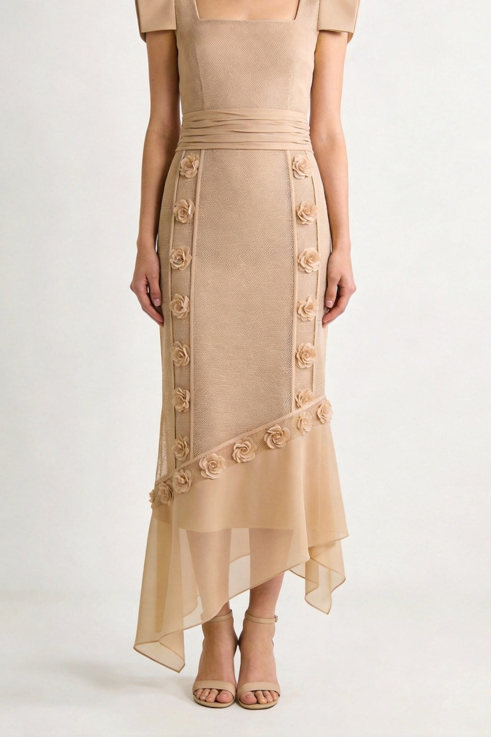 Beige Midi Skirt with Floral Appliqué and Asymmetric Hem plum linen-viscose, cotton poplin or washed silk blend Midi Skirt - product view 1