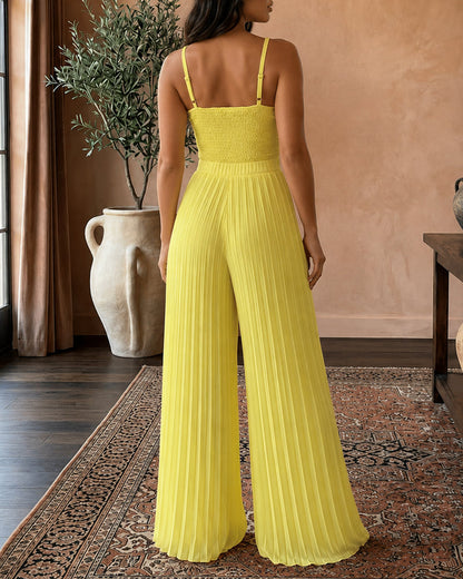 Women's Two Piece Set Lace Cami Top with Stretchy Pearl Straps and High Waist Pleated Wide Leg Chiffon Pants