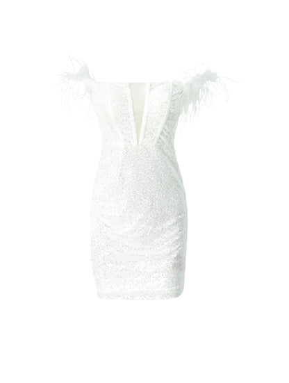 Off-Shoulder Feather Bodycon Sequin Dress