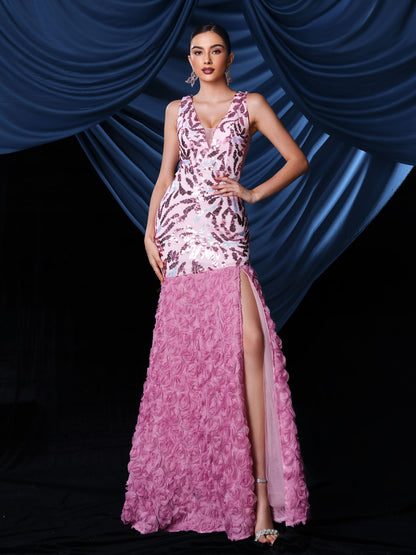 Floral Split Hem Sequin Panel Tulle Dress