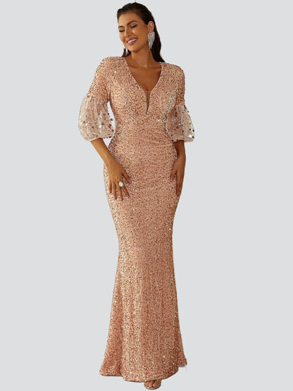 Lantern Sleeve Sequin Prom Dress