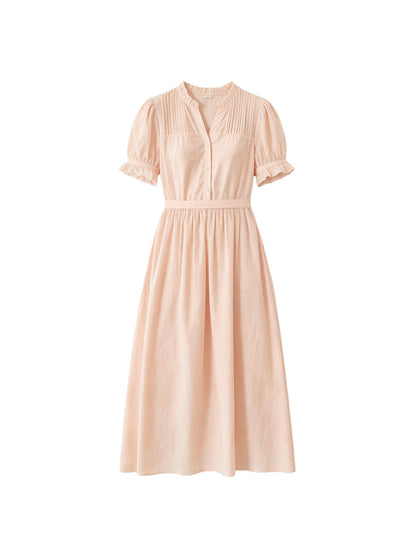 Aitana Rose Embroidered V-neck Puff Sleeve Lace Cotton Dress