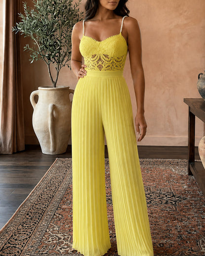 Women's Two Piece Set Lace Cami Top with Stretchy Pearl Straps and High Waist Pleated Wide Leg Chiffon Pants