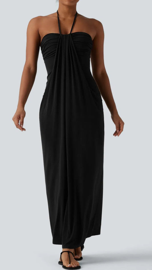 Women's Minimalist Linen-Blend Lace-Paneled Strapless With Spaghetti Straps Maxi Dress