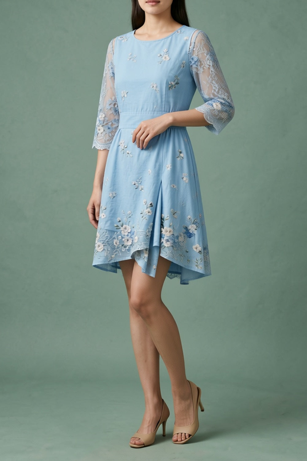 Light Blue Floral Embroidered Dress with Lace Sleeves warm sand breathable viscose crepe or linen blend Two-Piece Set - product view 2